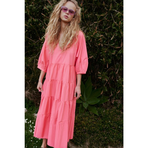 ZARA Tiered Poplin Pink Dress Voluminous New - Picture 3 of 5